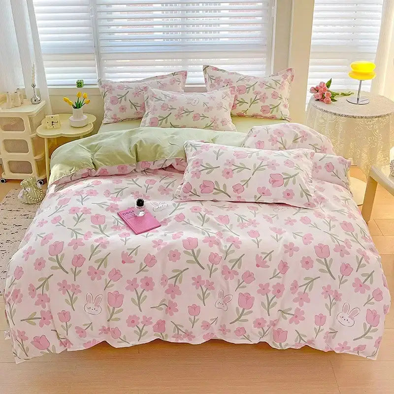 Floral pink & blue rose cotton printed bedding set bedroom comforter