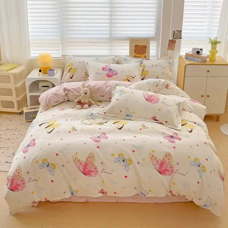 Floral pink & blue rose cotton printed bedding set bedroom comforter