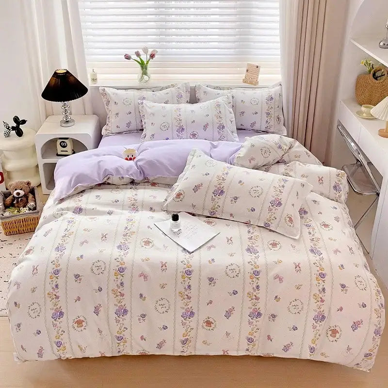 Floral pink & blue rose cotton printed bedding set bedroom comforter