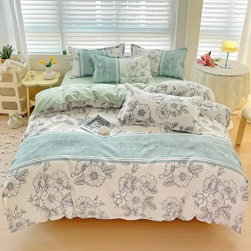 Floral pink & blue rose cotton printed bedding set bedroom comforter
