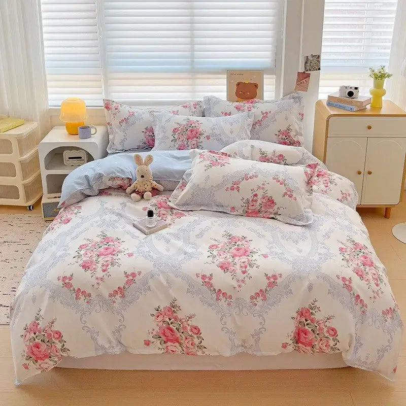 Floral pink & blue rose cotton printed bedding set bedroom comforter