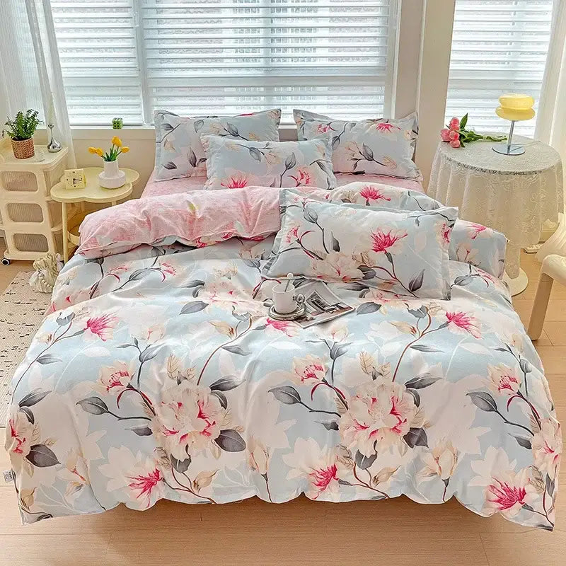 Floral pink & blue rose cotton printed bedding set bedroom comforter