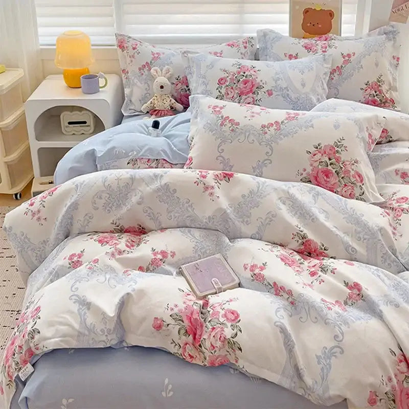 Floral pink & blue rose cotton printed bedding set bedroom comforter