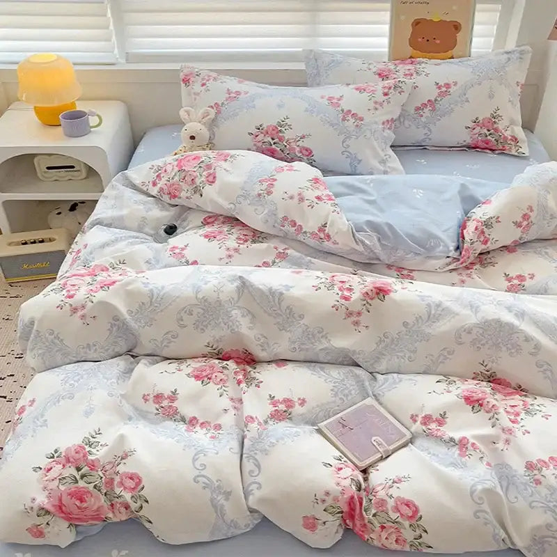Floral pink & blue rose cotton printed bedding set bedroom comforter