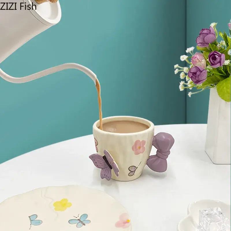 Floral pink & purple butterfly ceramic cup and saucer set dining room