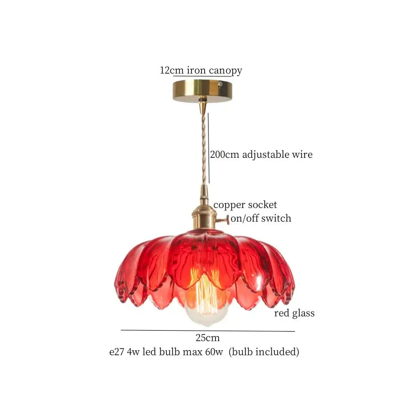 Floral red glass pendant lamp for bedroom with brass hardware
