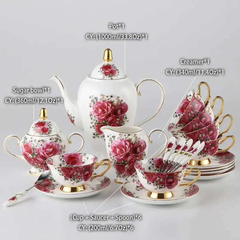 Floral red rose bone china tea set – dining room porcelain set