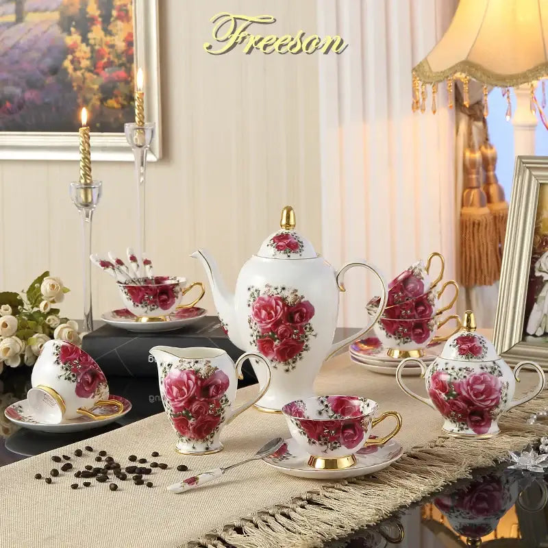 Floral red rose bone china tea set – dining room porcelain set