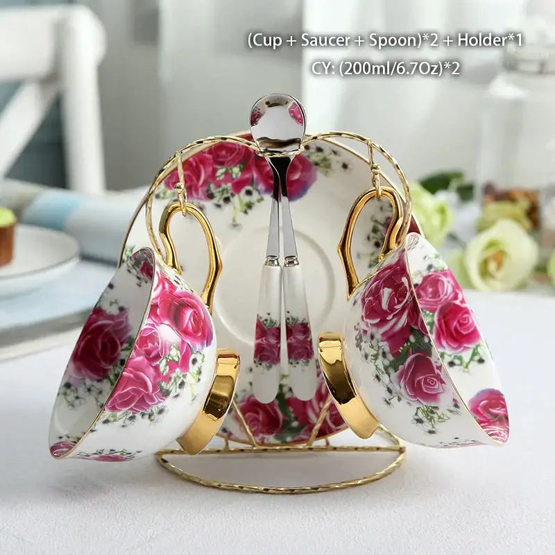 Floral red rose bone china tea set – dining room porcelain set