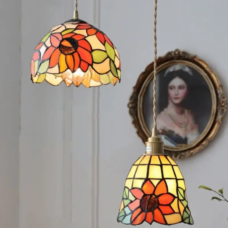 Floral stained glass pendant light dining room colorful glass led