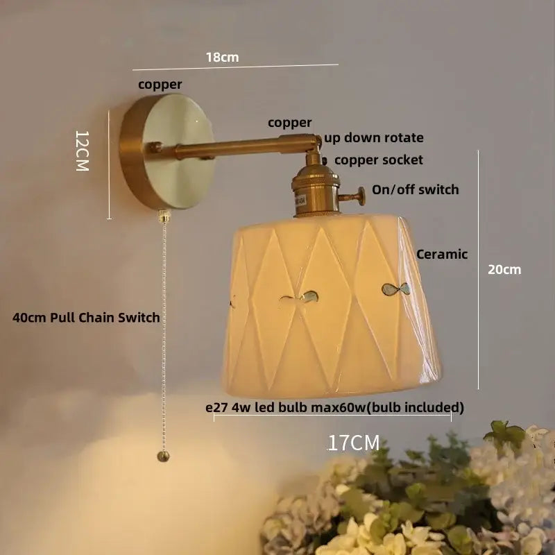 Floral white & brass led wall light bedroom ceramic sconce with switch