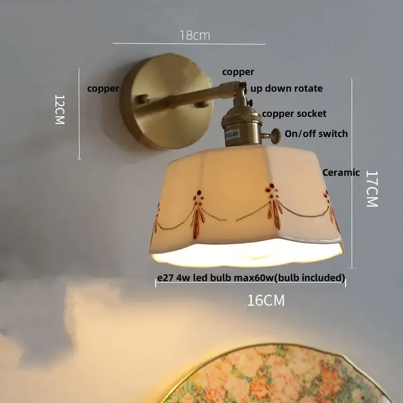 Floral white & brass led wall light bedroom ceramic sconce with switch