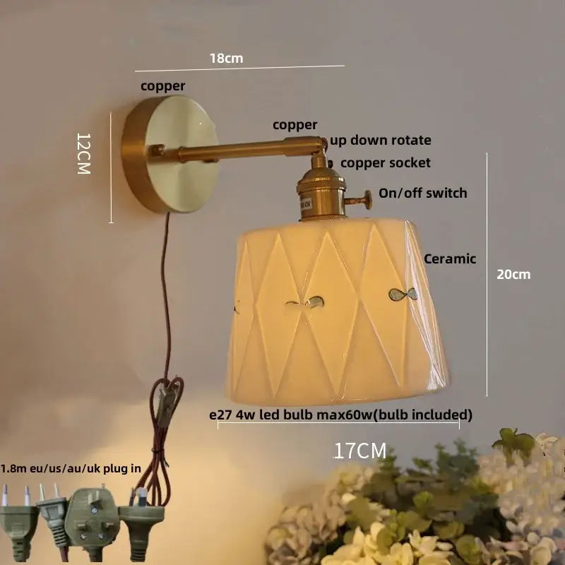 Floral white & brass led wall light bedroom ceramic sconce with switch
