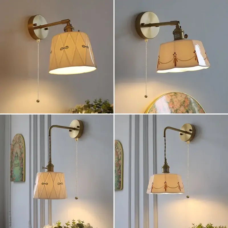 Floral white & brass led wall light bedroom ceramic sconce with switch