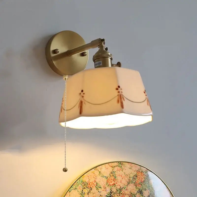 Floral white & brass led wall light bedroom ceramic sconce with switch