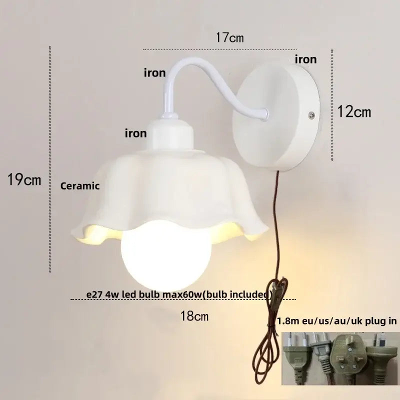 Floral white glass iron led wall sconce with pull chain for bedroom