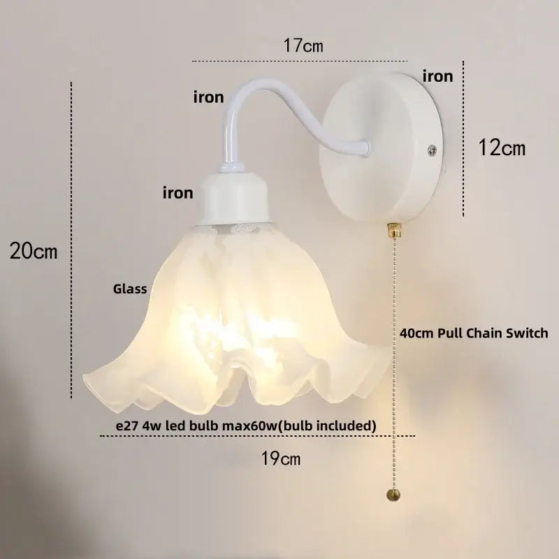 Floral white glass iron led wall sconce with pull chain for bedroom