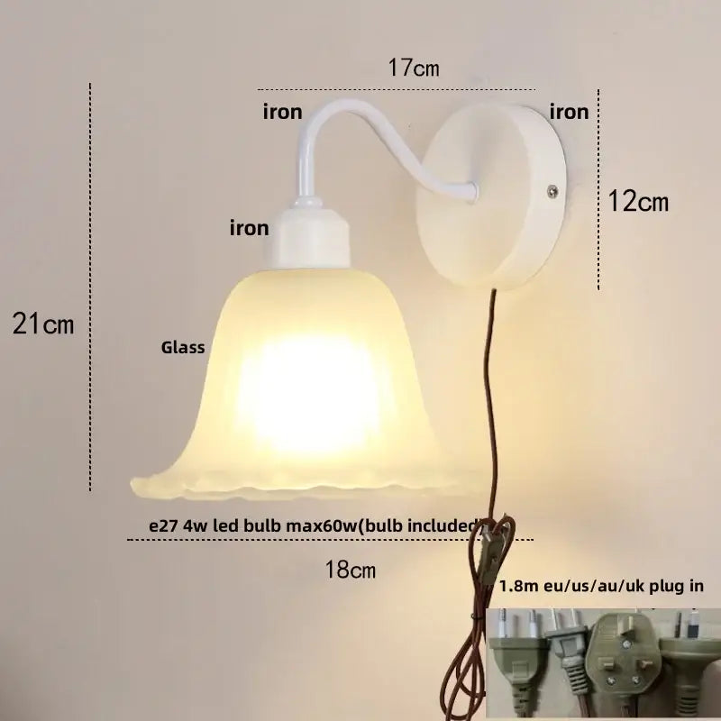 Floral white glass iron led wall sconce with pull chain for bedroom
