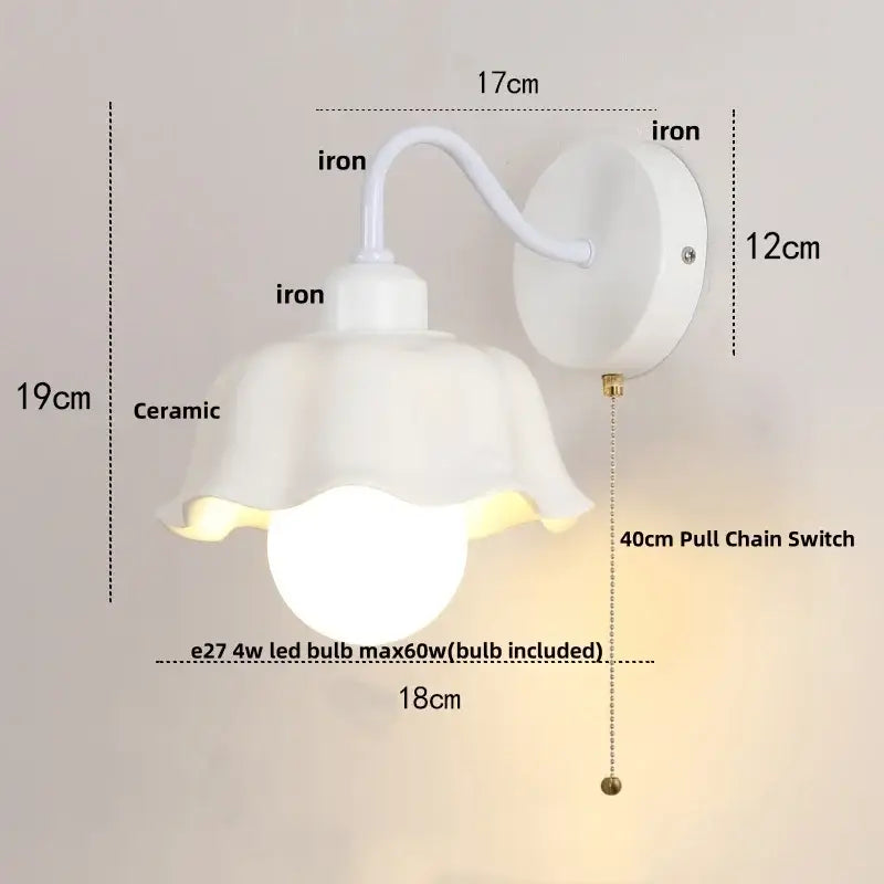 Floral white glass iron led wall sconce with pull chain for bedroom