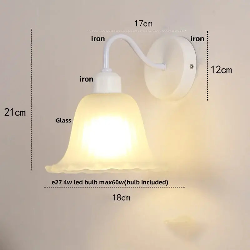 Floral white glass iron led wall sconce with pull chain for bedroom