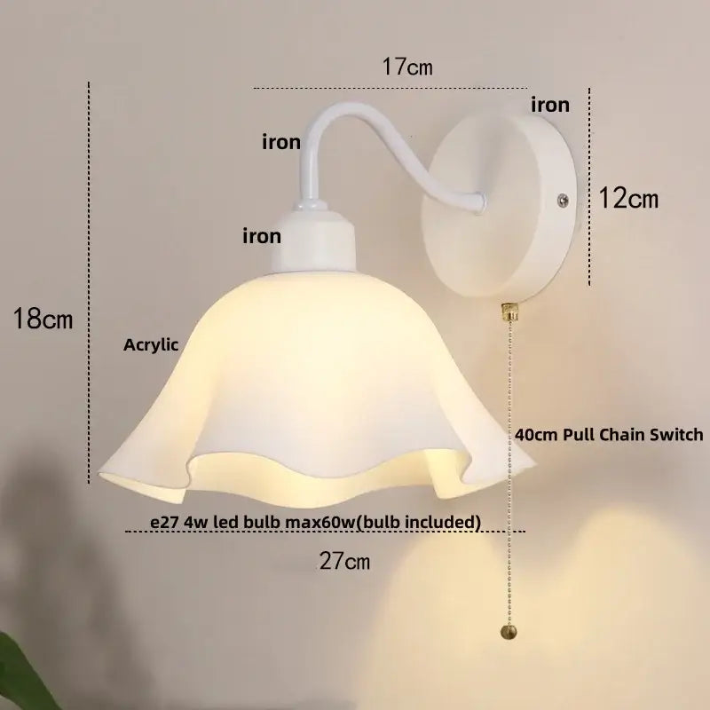 Floral white glass iron led wall sconce with pull chain for bedroom