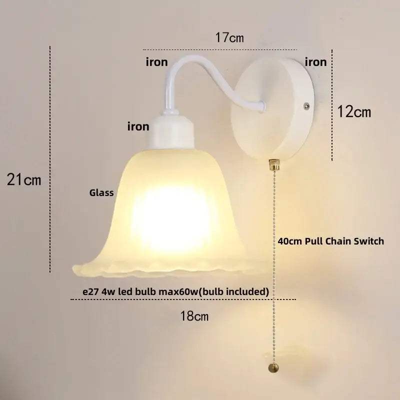 Floral white glass iron led wall sconce with pull chain for bedroom