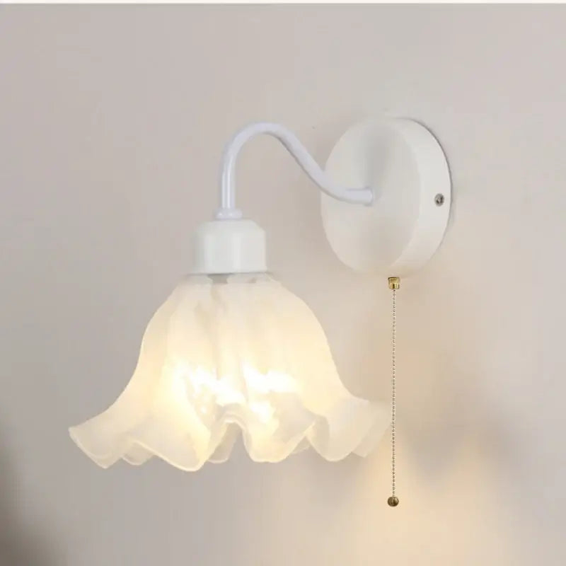 Floral white glass iron led wall sconce with pull chain for bedroom