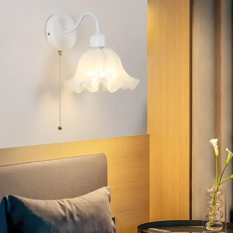 Floral white glass iron led wall sconce with pull chain for bedroom