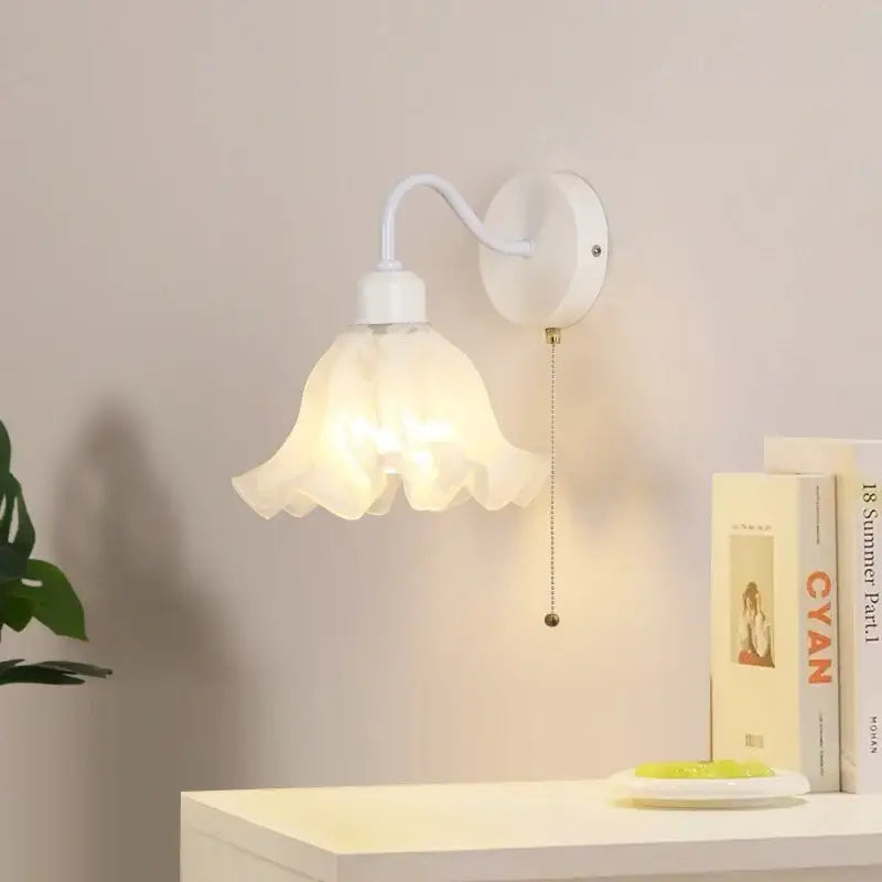 Floral white glass iron led wall sconce with pull chain for bedroom