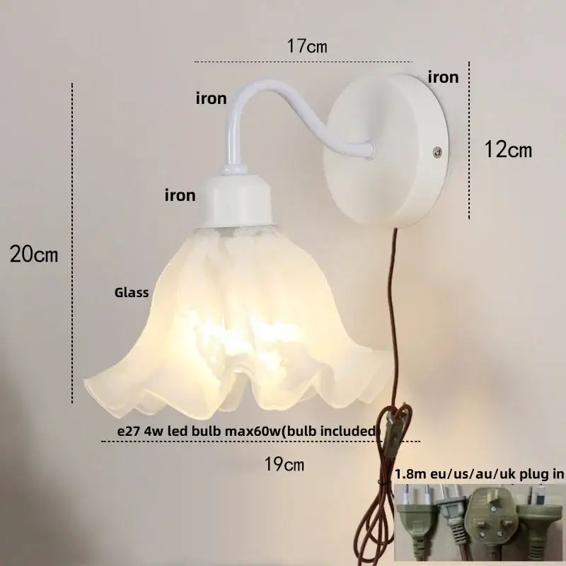 Floral white glass iron led wall sconce with pull chain for bedroom
