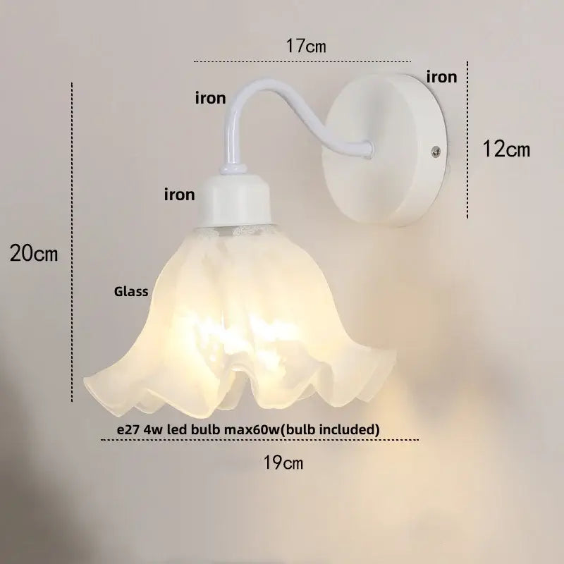 Floral white glass iron led wall sconce with pull chain for bedroom