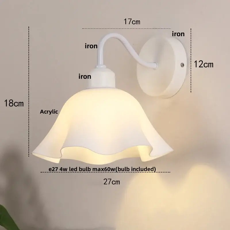 Floral white glass iron led wall sconce with pull chain for bedroom
