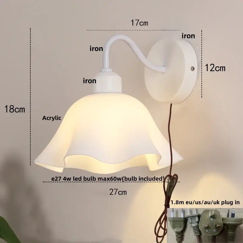 Floral white glass iron led wall sconce with pull chain for bedroom