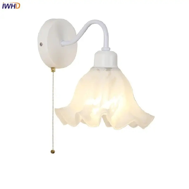 Floral white glass iron led wall sconce with pull chain for bedroom
