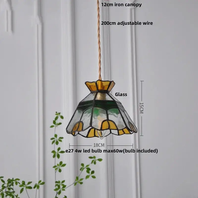 Floral yellow & green glass brass pendant lamp for kitchen