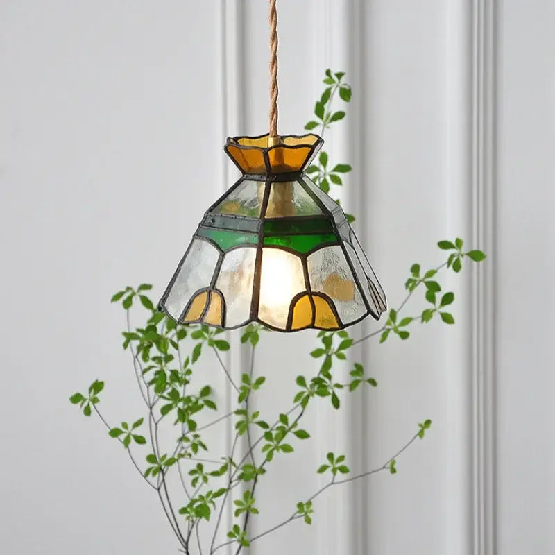 Floral yellow & green glass brass pendant lamp for kitchen