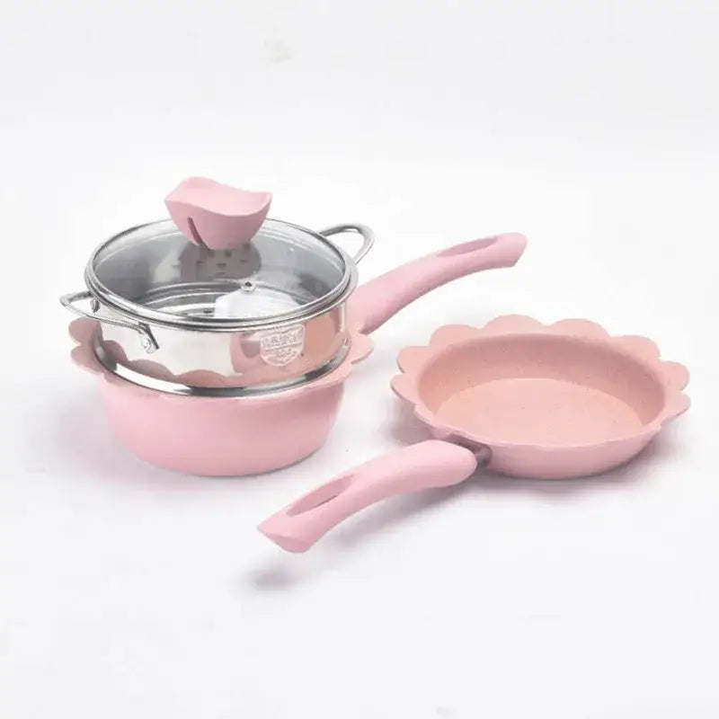 Flower edged pink & light blue baby food pot kitchen cookware set