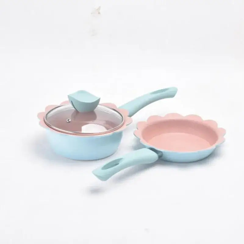 Flower edged pink & light blue baby food pot kitchen cookware set