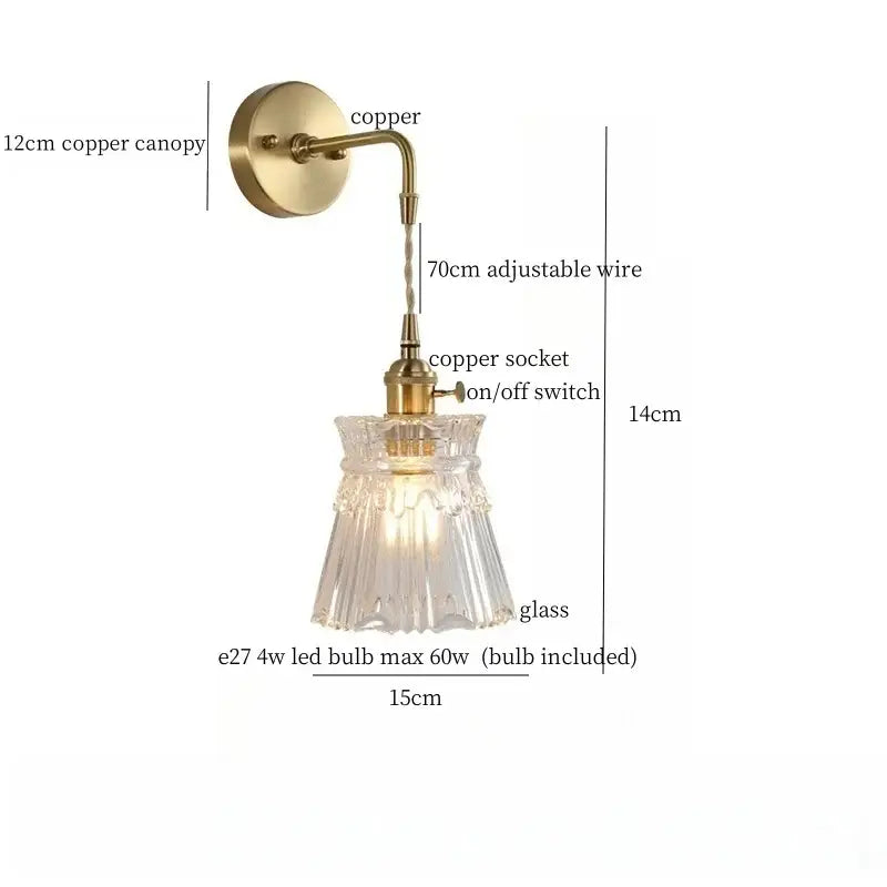 Fluted brass glass led wall sconce for bedroom