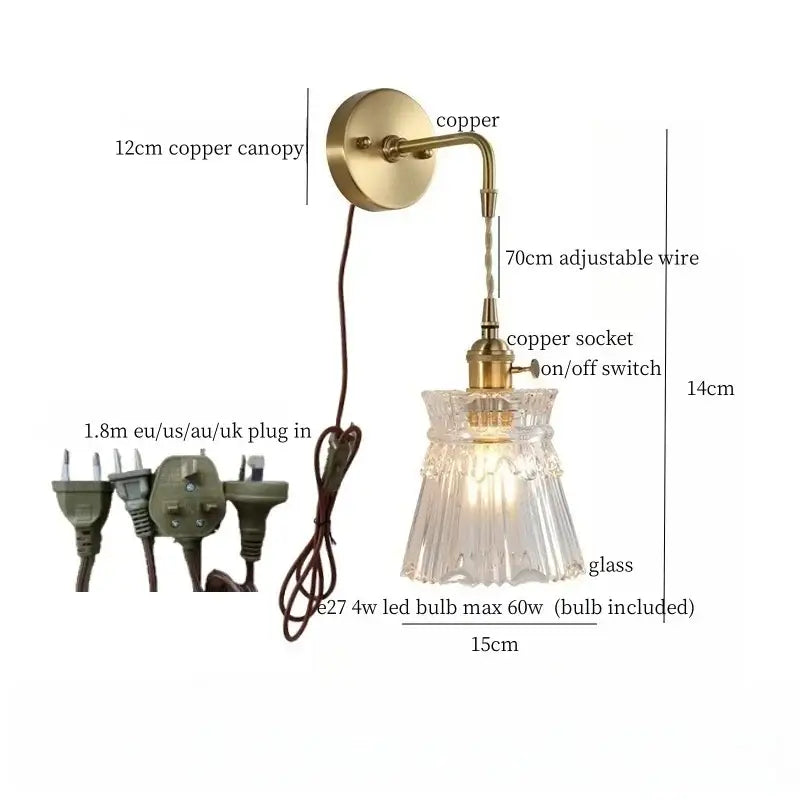 Fluted brass glass led wall sconce for bedroom