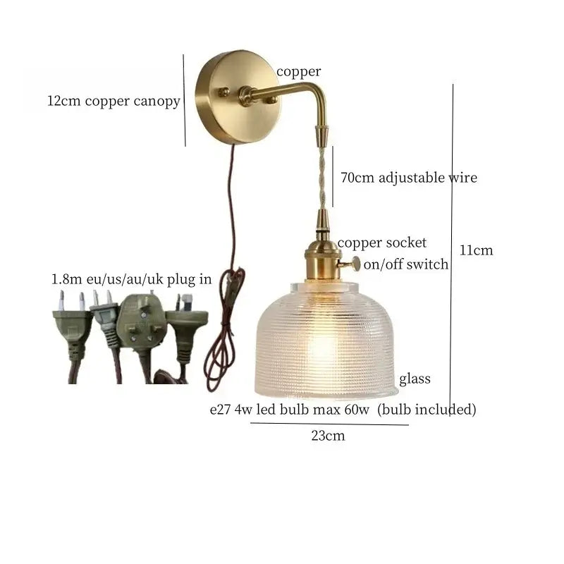 Fluted brass glass led wall sconce for bedroom