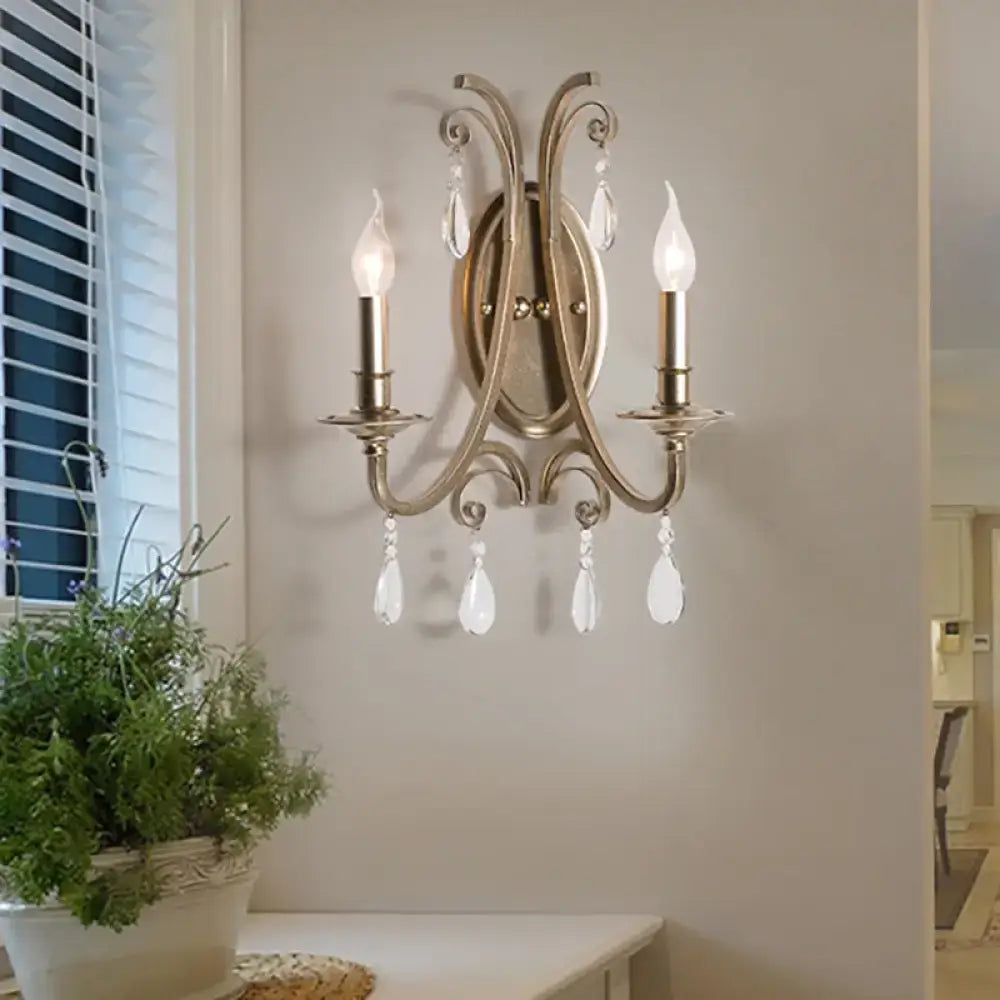 French country brass finish sconce light bedroom crystal wall lamp