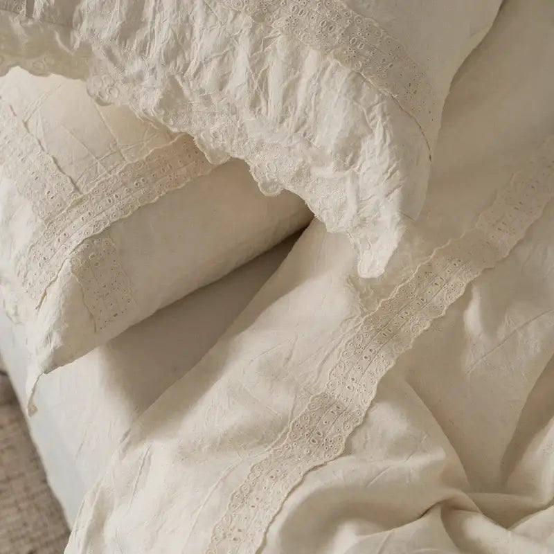 French vintage cream cotton linen bedding set bedroom ruffled embroidery