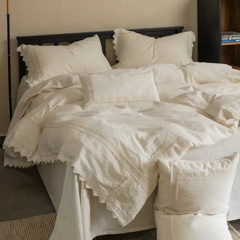 French vintage cream cotton linen bedding set bedroom ruffled embroidery