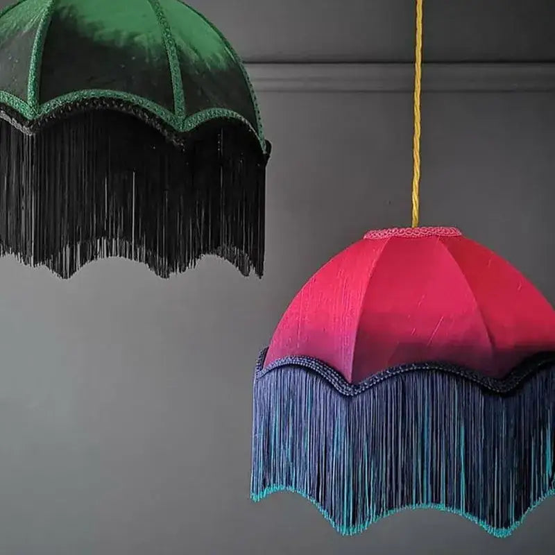 French vintage teal & mustard tassel pendant light living room