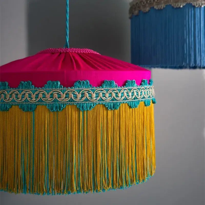 French vintage teal & mustard tassel pendant light living room
