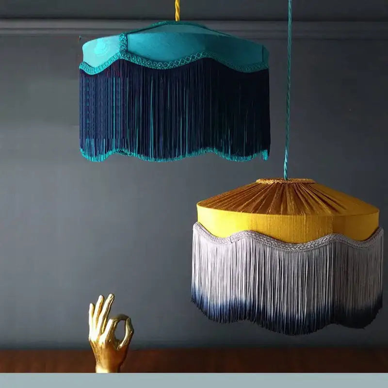 French vintage teal & mustard tassel pendant light living room
