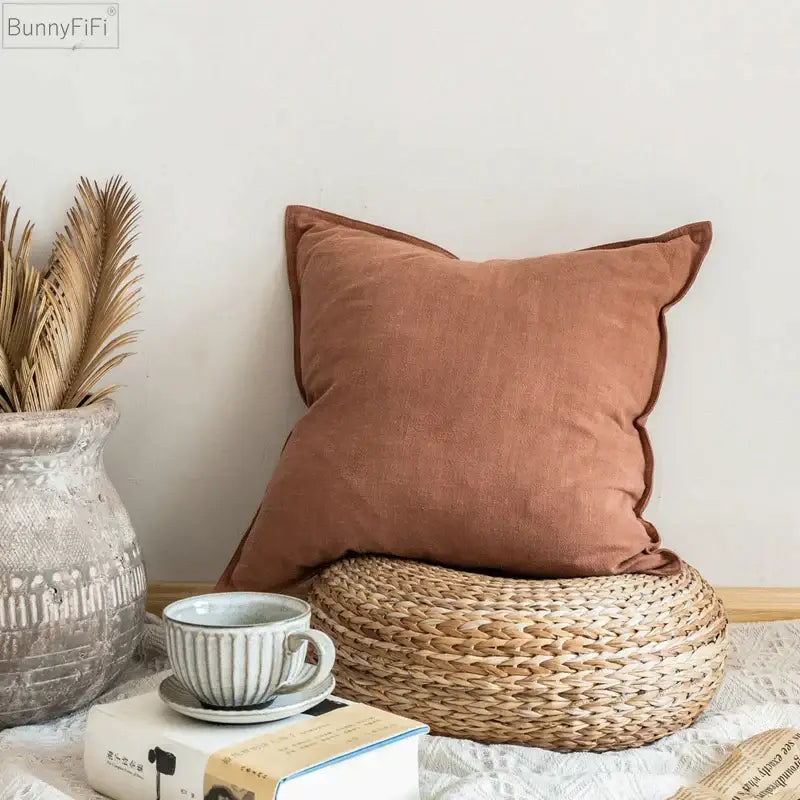 Fringed earth tone linen pillow cover living room decor