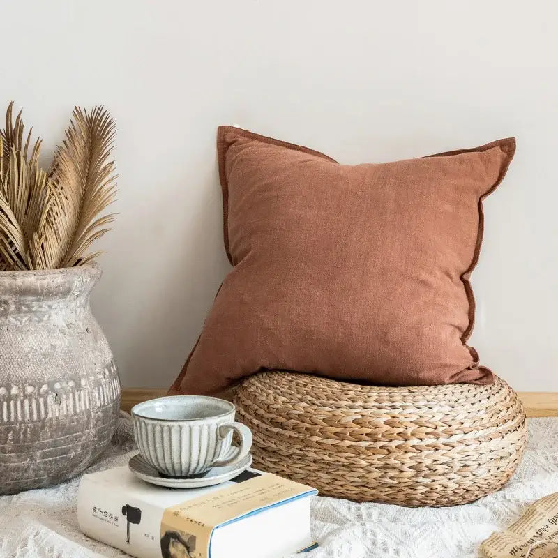 Fringed earth tone linen pillow cover living room decor