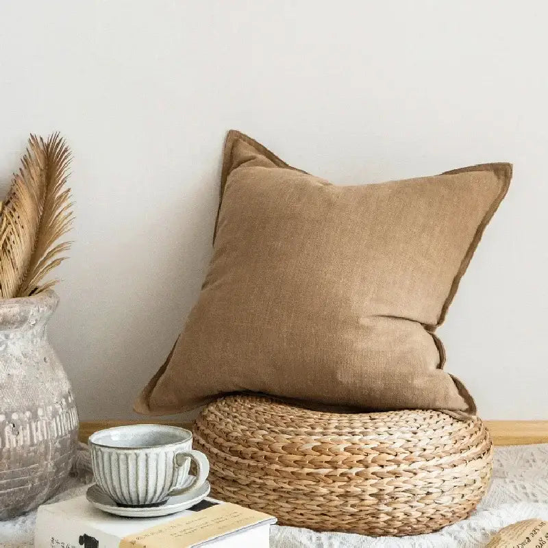 Fringed linen pillow cover ivory & grey living room decor